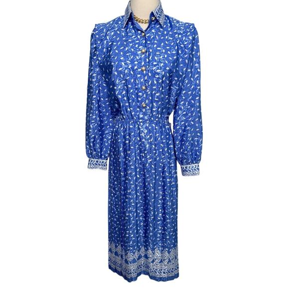 Vintage Schrader long sleeve pleated leaf print secretary dress size 6 small S - Picture 1 of 6